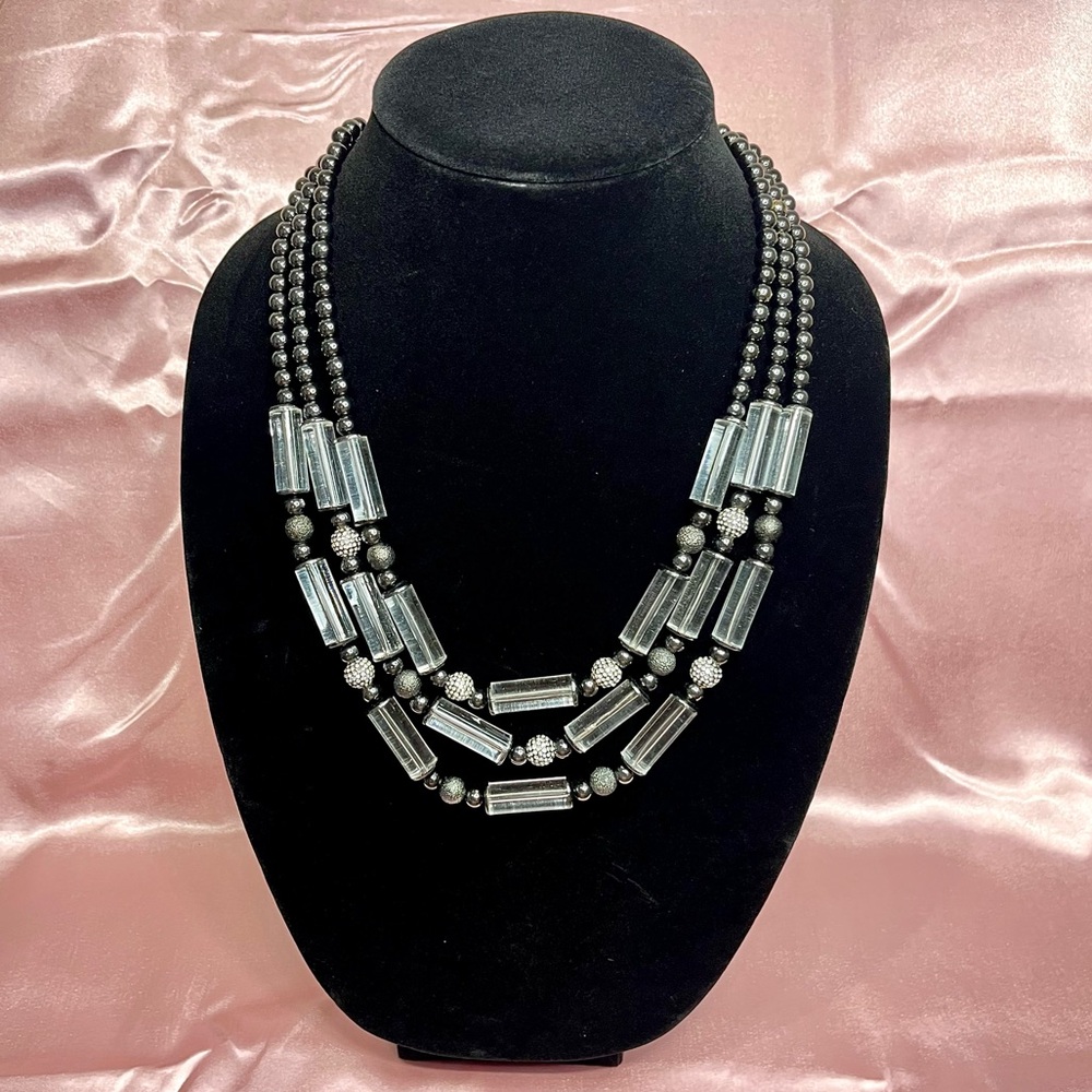 Chico’s Dark Metallic Gray Layered Beaded Necklace